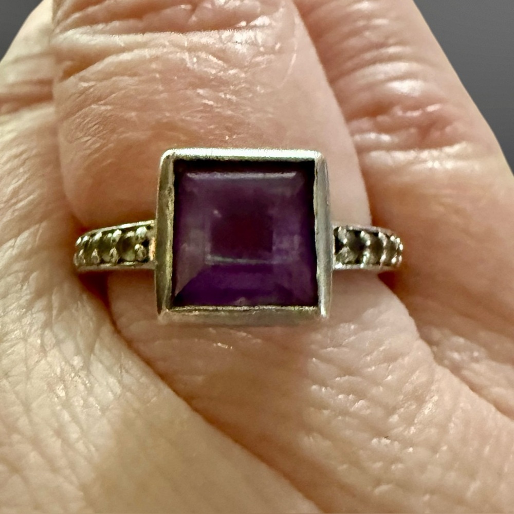 Vintage FADI 925 Sterling Silver Square Amethyst Ring With Diamond Accents Sz 6